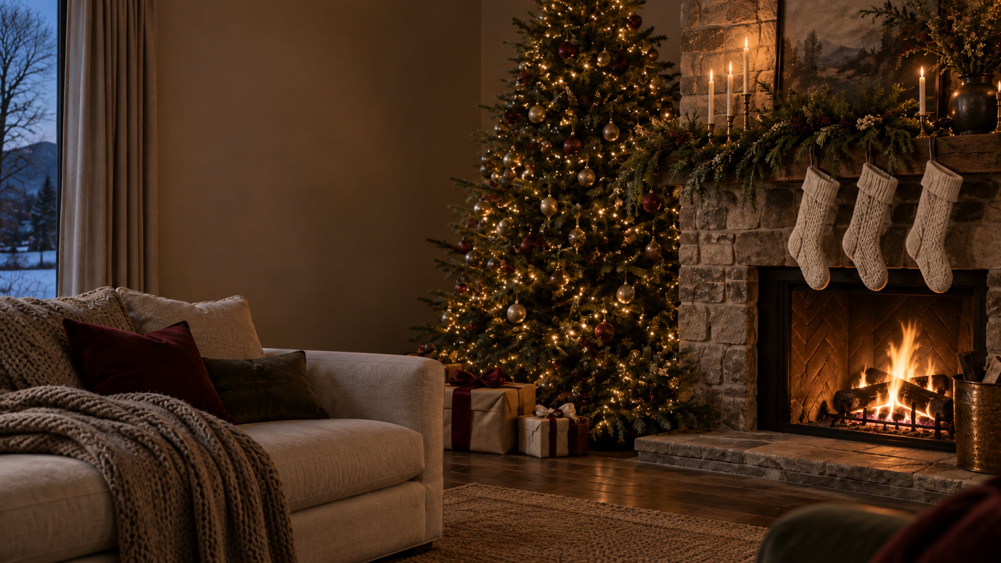 A Christmas living room at dusk with a lit tree beside a stone fireplace hung with knit stockings