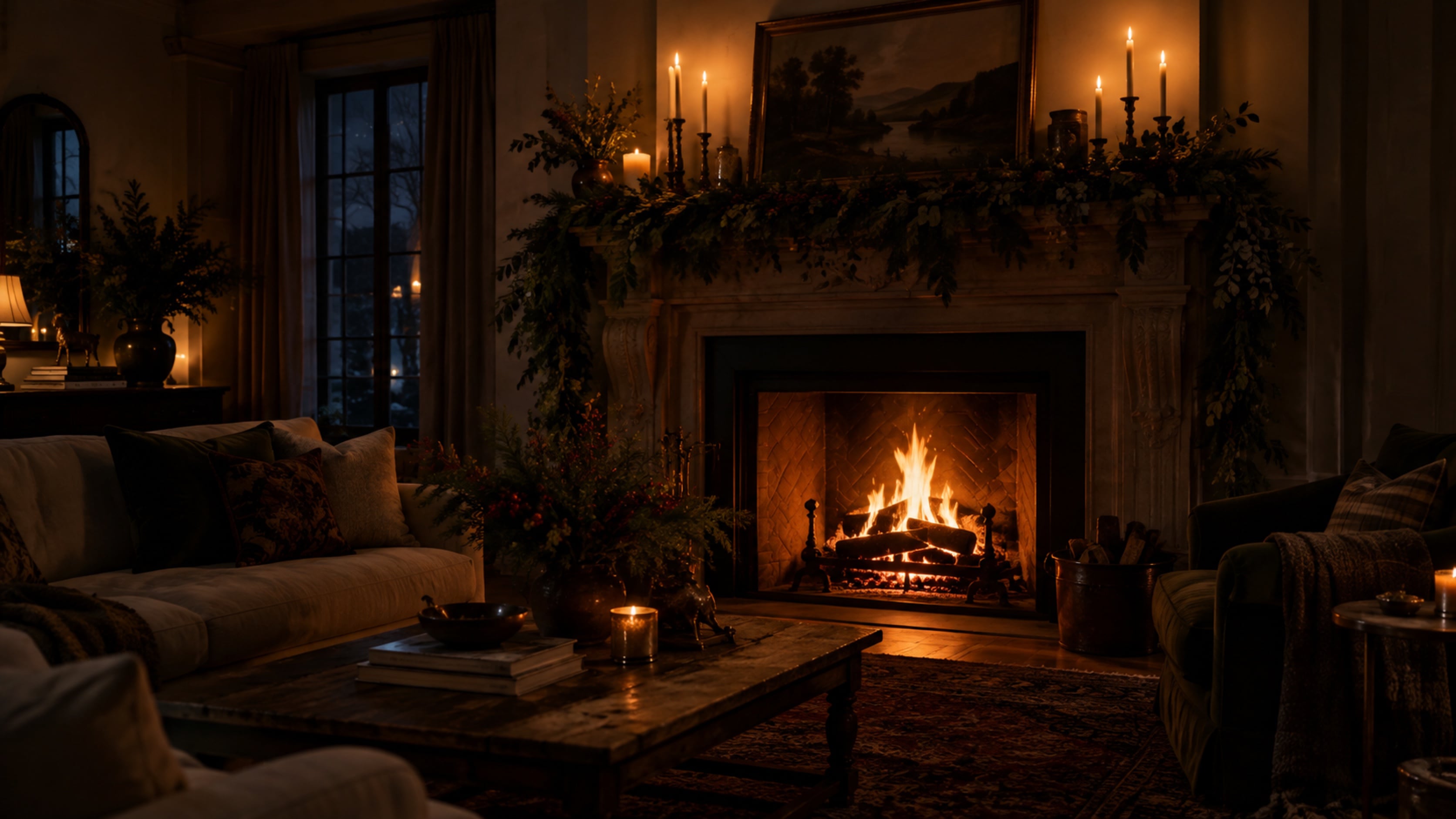 A mantel after dark, lit only by the fire and candles, with layered garland and brass candlesticks
