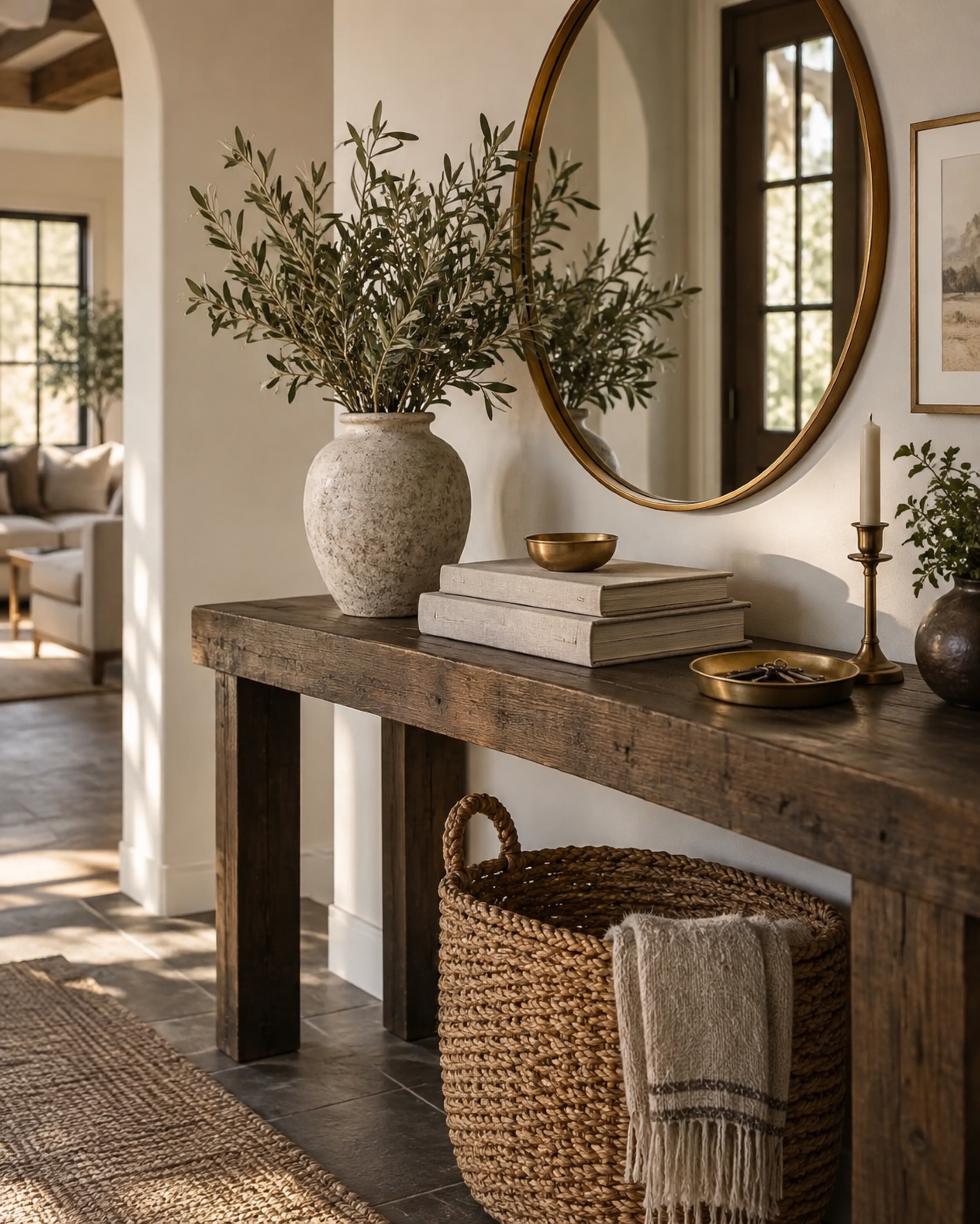 A morning entry console with olive branches in a stoneware vase, linen books, a brass tray, and a round mirror