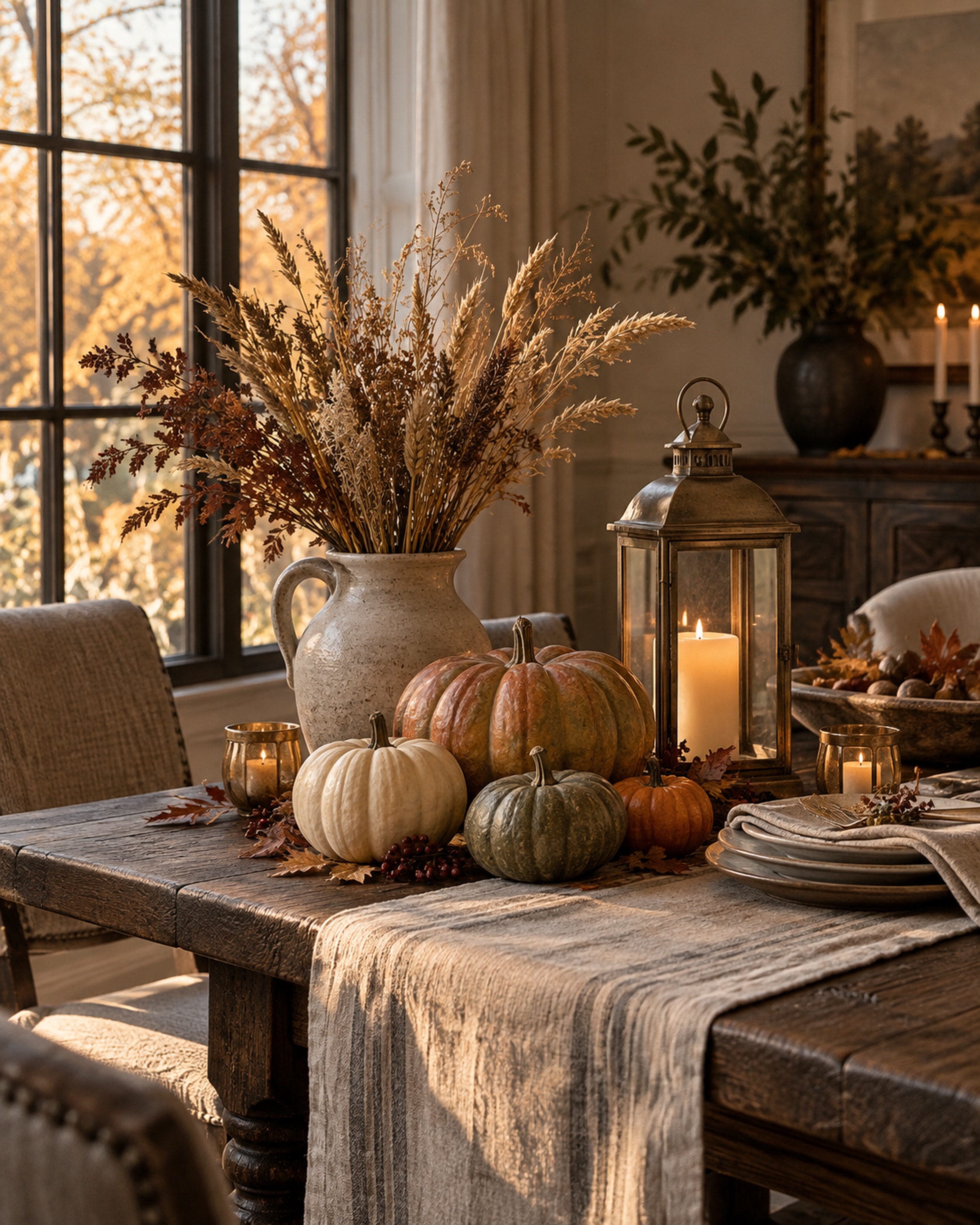 An autumn table by a window: heirloom pumpkins, dried wheat in a stoneware jug, and a lit bronze lantern