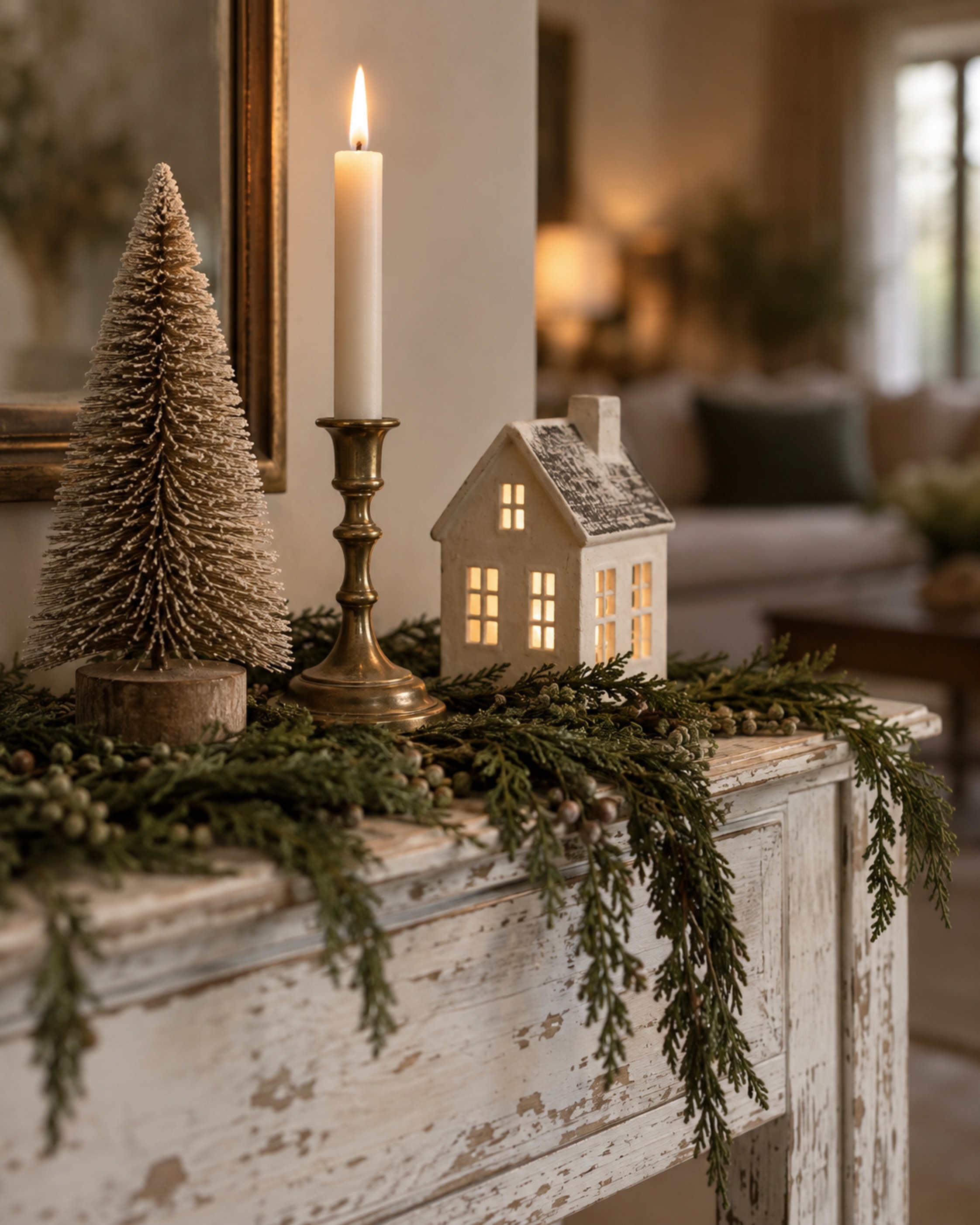 A weathered white console with a sisal bottlebrush tree, a lit brass taper, a glowing ceramic house, and cedar garland