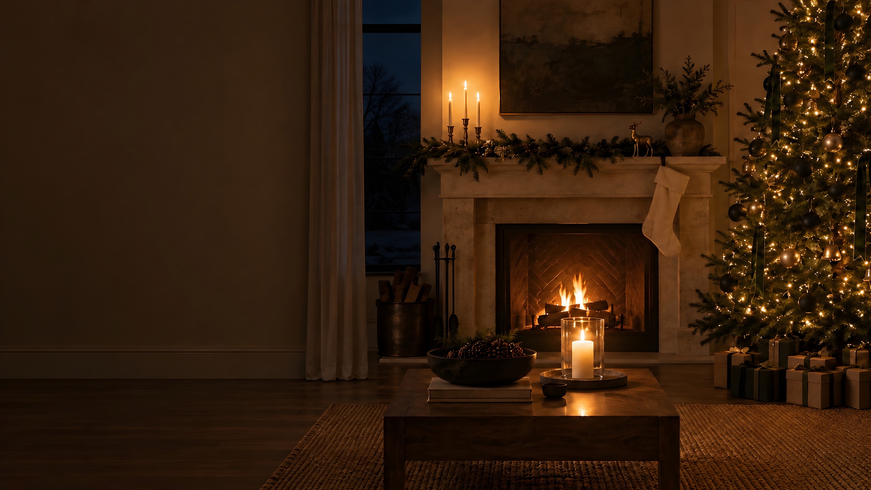 A Christmas living room: a lit tree beside a limestone fireplace with a low fire, garland, and one linen stocking