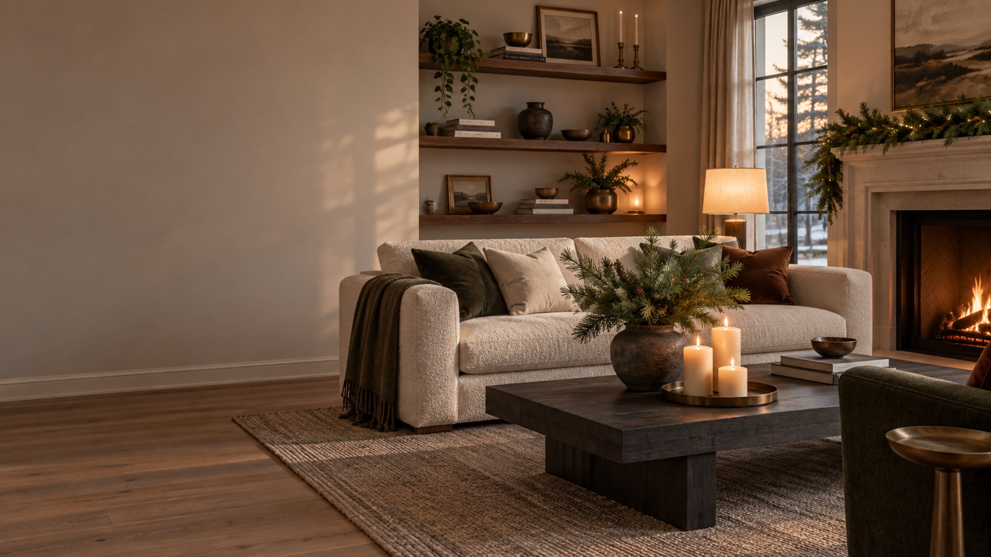 A calm living room in December with candles, greenery, and walnut shelves