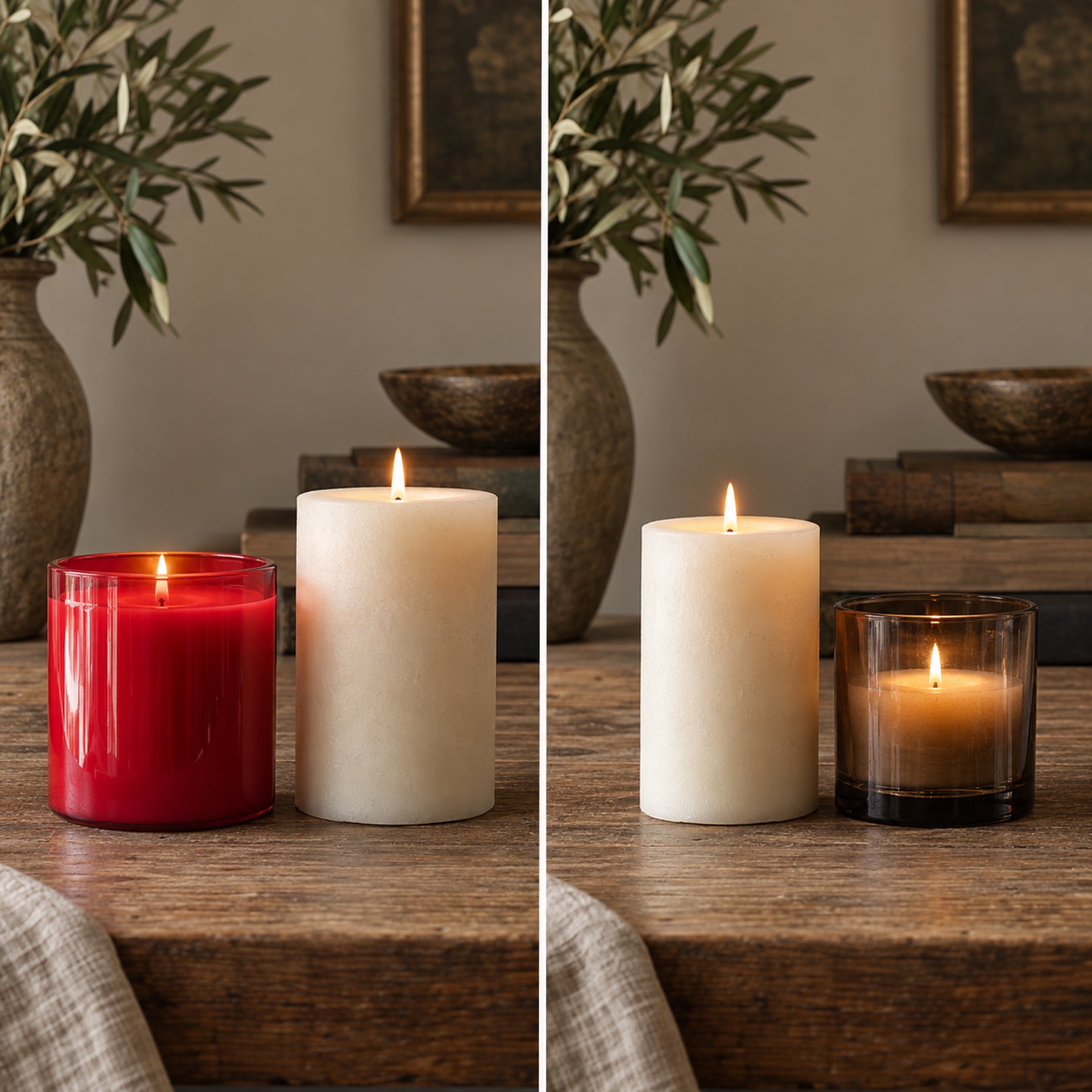 Two candle pairings on the same table: a glossy red jar candle beside a cream pillar that clash, and a cream pillar beside a smoked-bronze votive that belong together