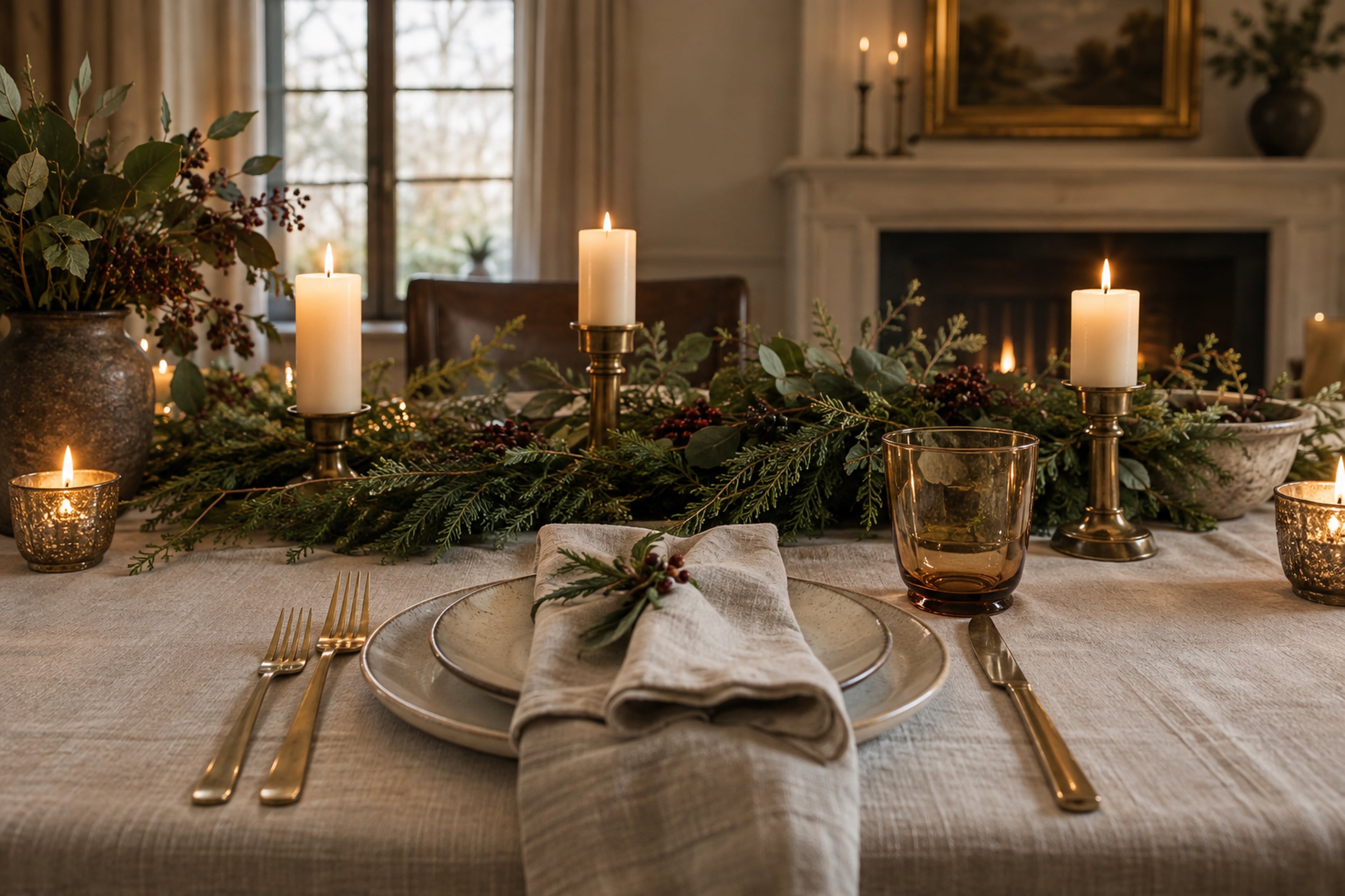 A linen-covered dining table from seated height: a low greenery runner with pillar candles, and one place setting with brass flatware and an amber glass
