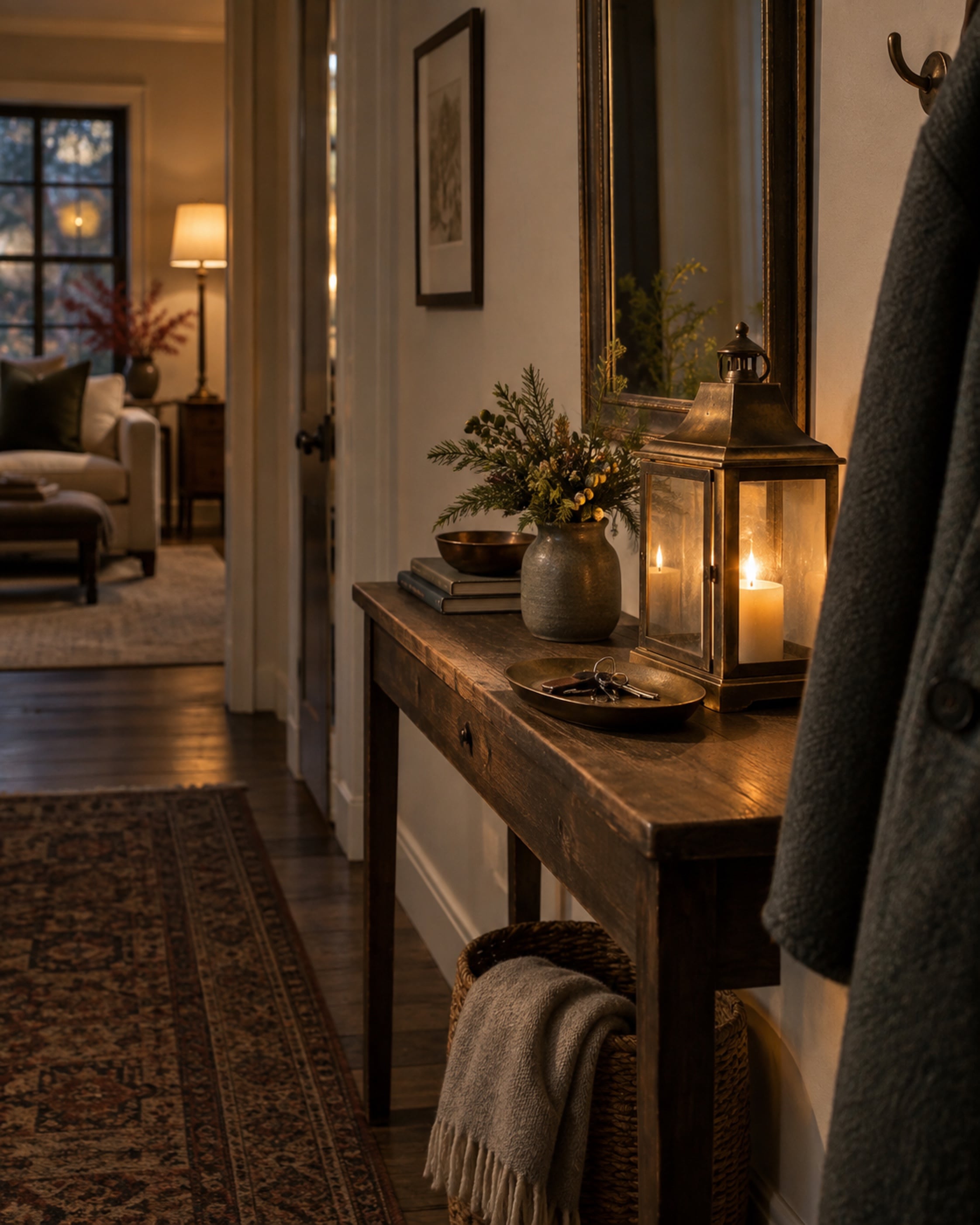 A narrow entry table at dusk with a lit lantern, a tray holding keys, a bud vase of greenery, and a wool coat on the hook
