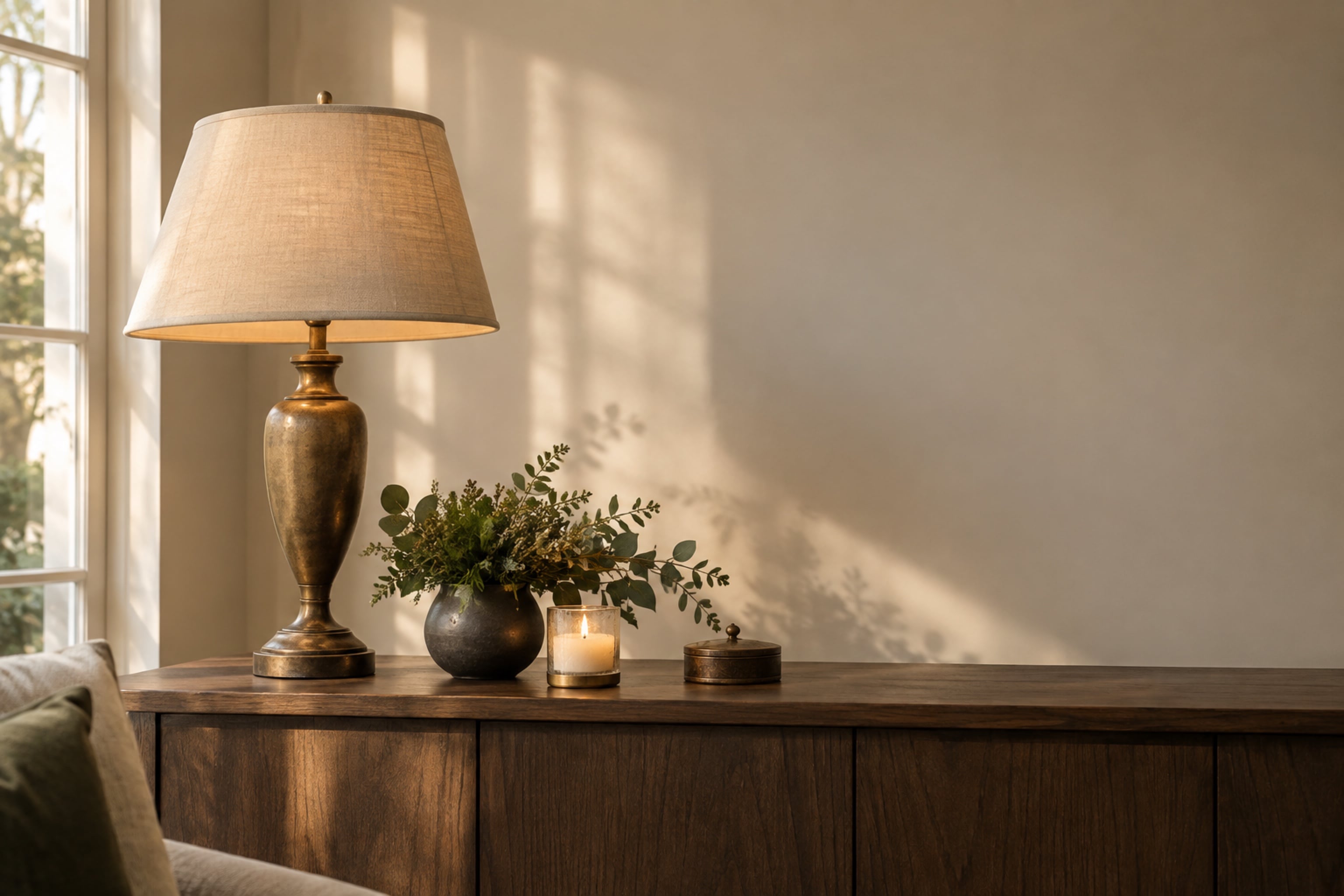 A walnut console in raking window light: an aged-brass lamp, a low spray of greenery, and a lit candle against a warm plaster wall